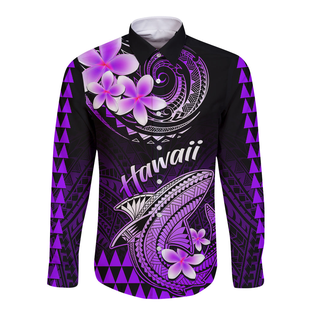 Hawaii Long Sleeve Button Shirt Polynesian Shark with Kakau Purple Version LT01 Unisex Purple - Polynesian Pride