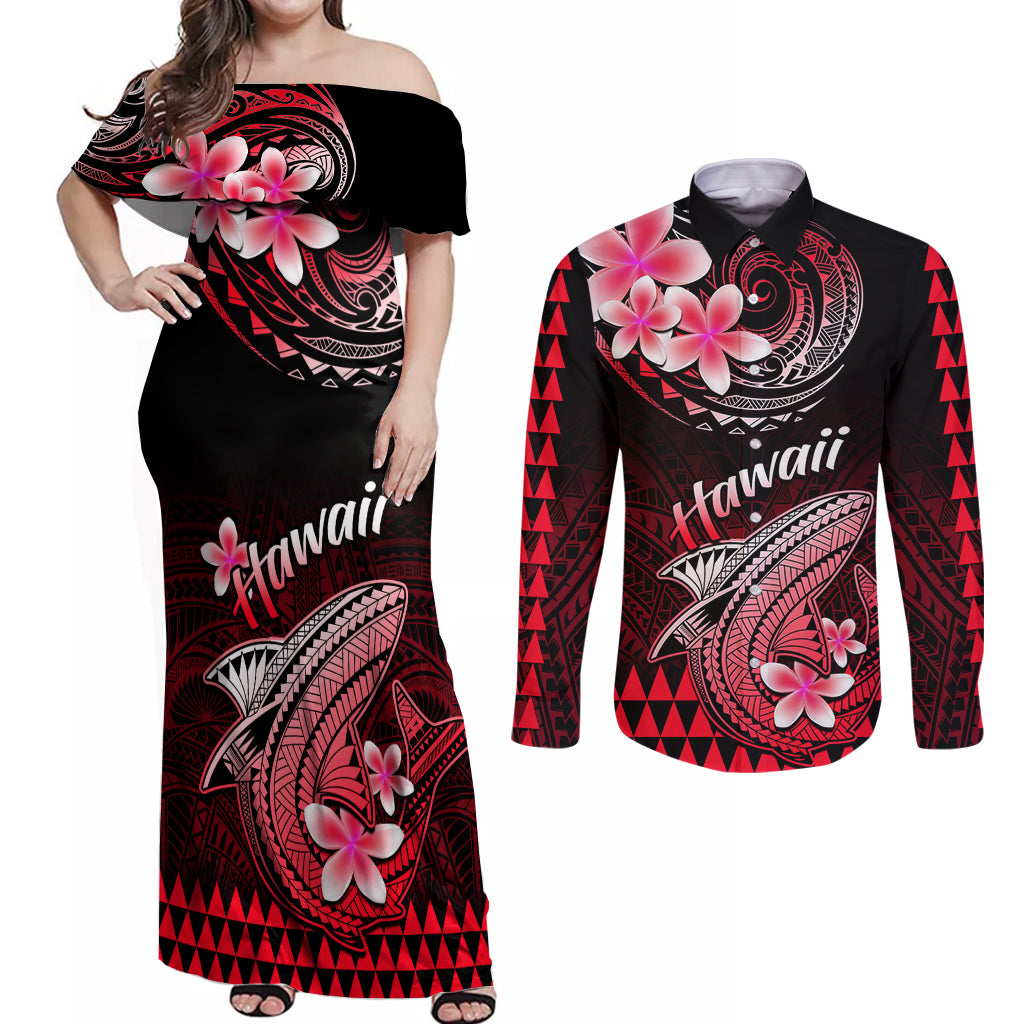 Hawaii Couples Matching Off Shoulder Maxi Dress and Long Sleeve Button Shirts Polynesian Shark with Kakau Red Version LT01 Red - Polynesian Pride