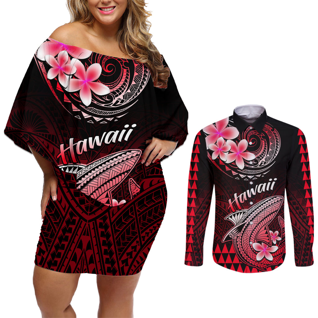 Hawaii Couples Matching Off Shoulder Short Dress and Long Sleeve Button Shirts Polynesian Shark with Kakau Red Version LT01 Red - Polynesian Pride