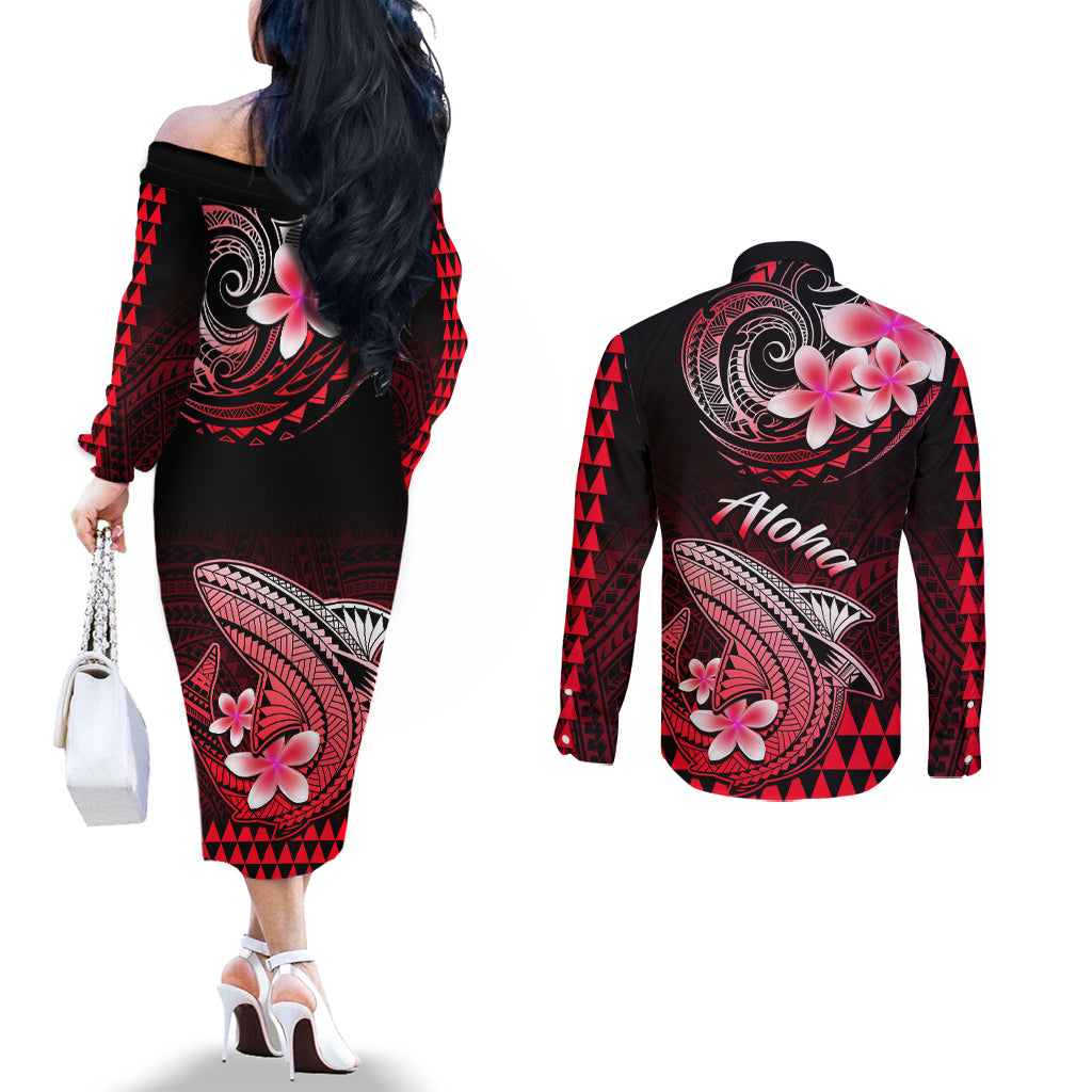 Hawaii Couples Matching Off The Shoulder Long Sleeve Dress and Long Sleeve Button Shirts Polynesian Shark with Kakau Red Version LT01 - Polynesian Pride