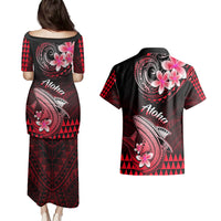 Hawaii Couples Matching Puletasi Dress and Hawaiian Shirt Polynesian Shark with Kakau Red Version LT01 - Polynesian Pride