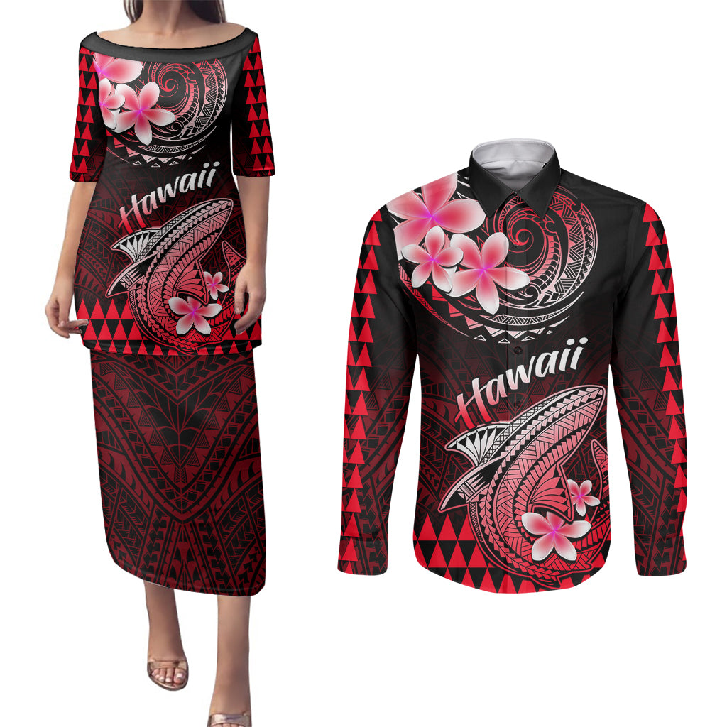 Hawaii Couples Matching Puletasi Dress and Long Sleeve Button Shirts Polynesian Shark with Kakau Red Version LT01 Red - Polynesian Pride
