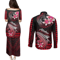Hawaii Couples Matching Puletasi Dress and Long Sleeve Button Shirts Polynesian Shark with Kakau Red Version LT01 - Polynesian Pride