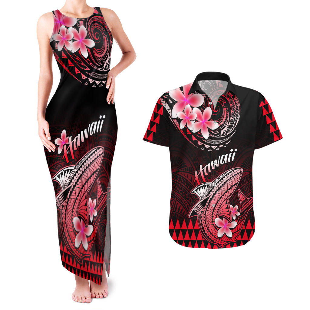 Hawaii Couples Matching Tank Maxi Dress and Hawaiian Shirt Polynesian Shark with Kakau Red Version LT01 Red - Polynesian Pride