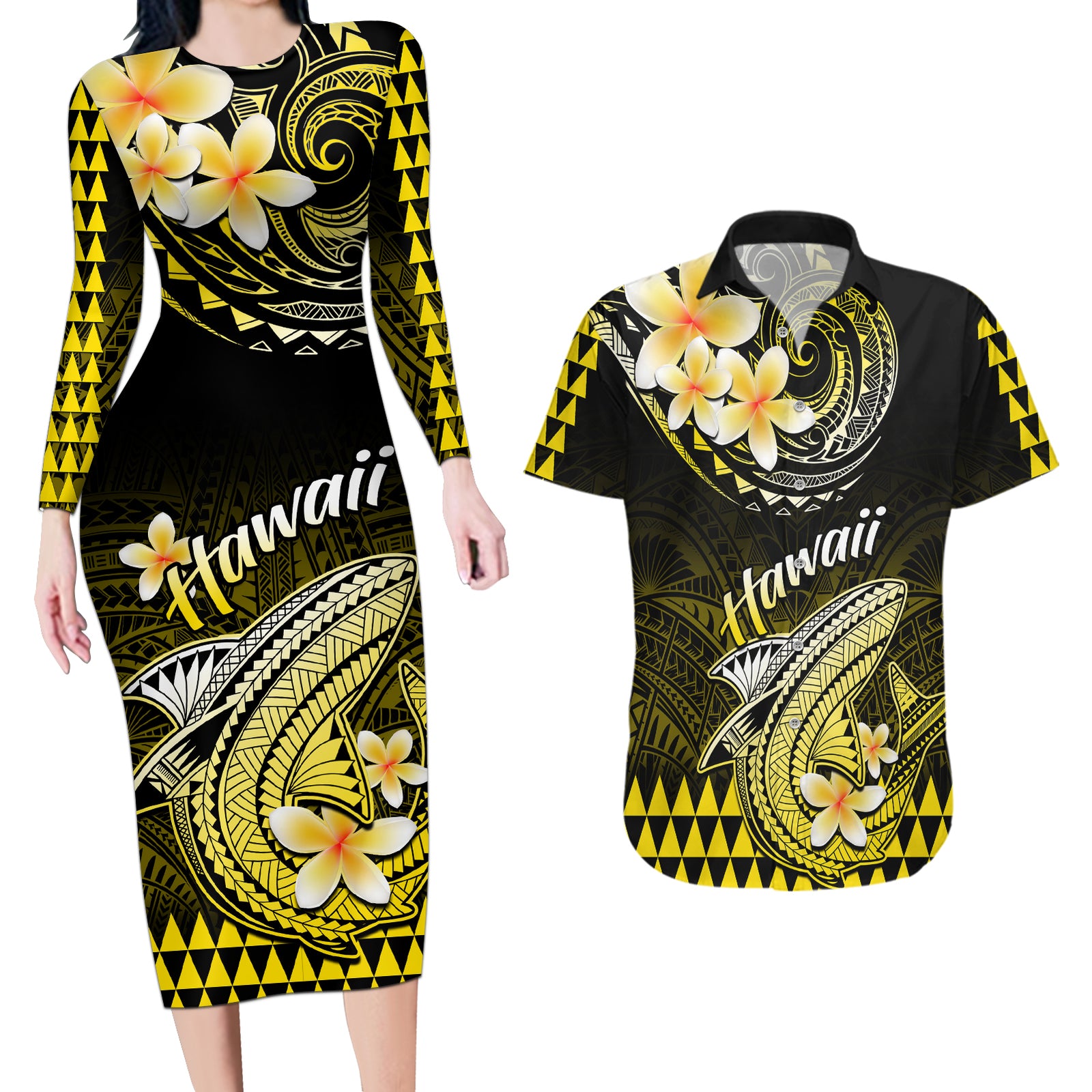 Hawaii Couples Matching Long Sleeve Bodycon Dress and Hawaiian Shirt Polynesian Shark with Kakau Yellow Version LT01 Yellow - Polynesian Pride