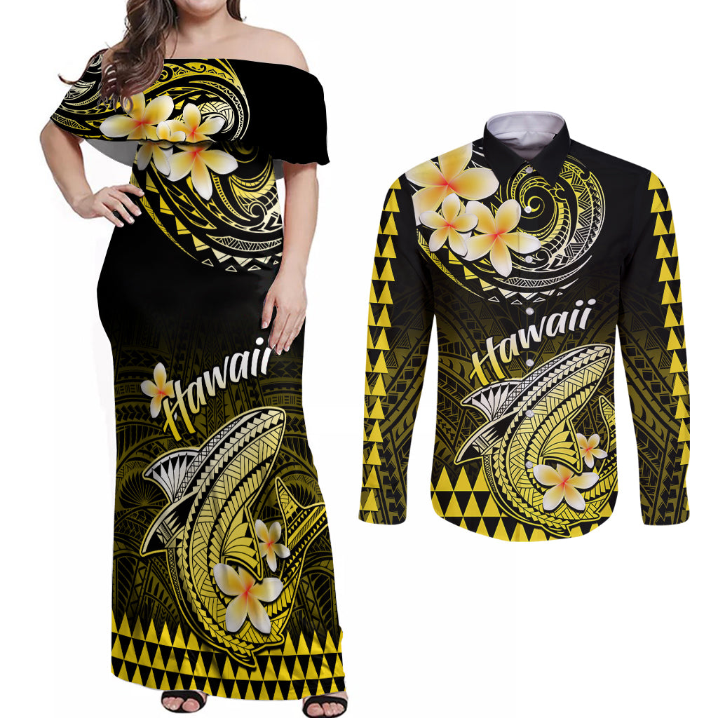 Hawaii Couples Matching Off Shoulder Maxi Dress and Long Sleeve Button Shirts Polynesian Shark with Kakau Yellow Version LT01 Yellow - Polynesian Pride