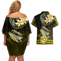Hawaii Couples Matching Off Shoulder Short Dress and Hawaiian Shirt Polynesian Shark with Kakau Yellow Version LT01 - Polynesian Pride