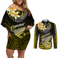 Hawaii Couples Matching Off Shoulder Short Dress and Long Sleeve Button Shirts Polynesian Shark with Kakau Yellow Version LT01 Yellow - Polynesian Pride