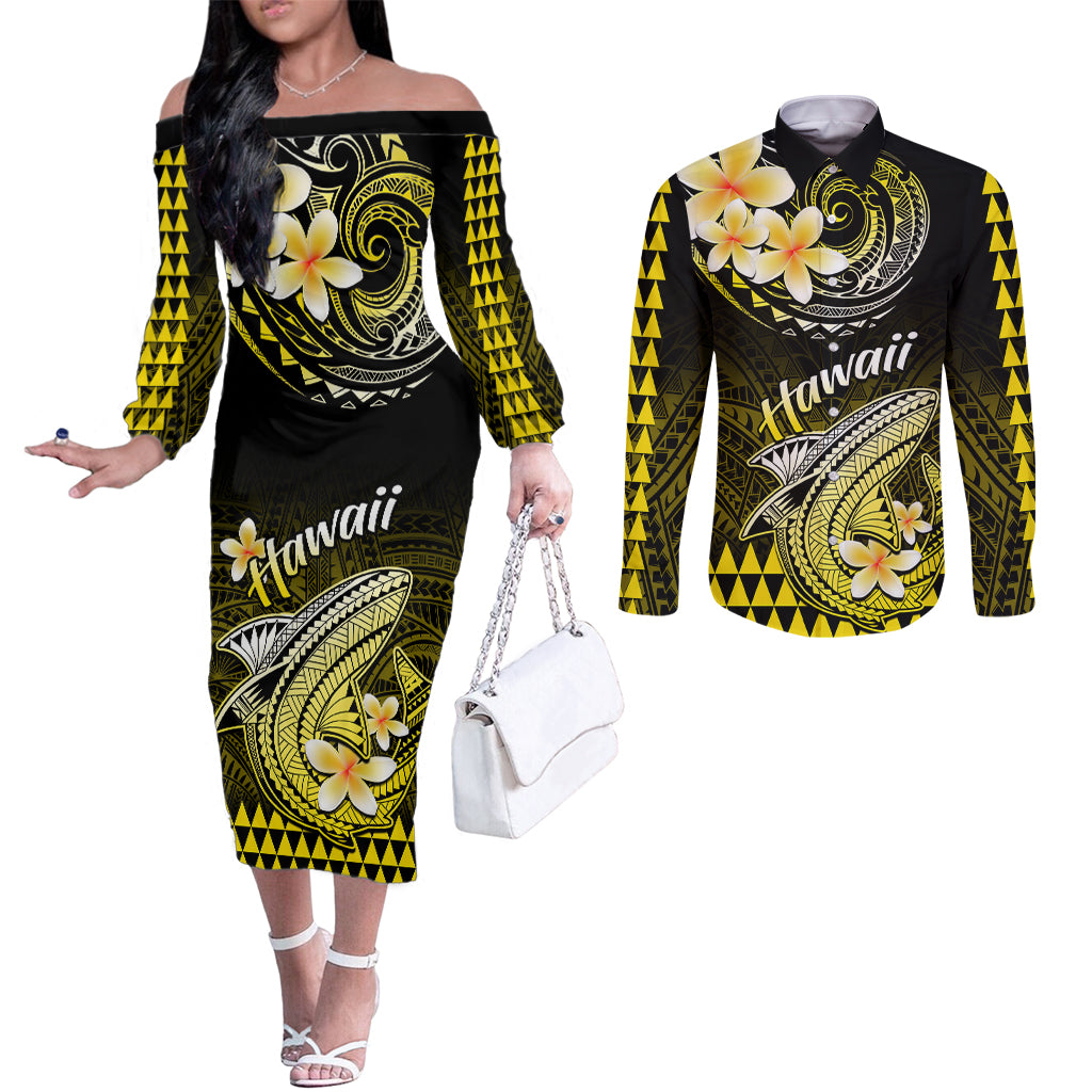 Hawaii Couples Matching Off The Shoulder Long Sleeve Dress and Long Sleeve Button Shirts Polynesian Shark with Kakau Yellow Version LT01 Yellow - Polynesian Pride