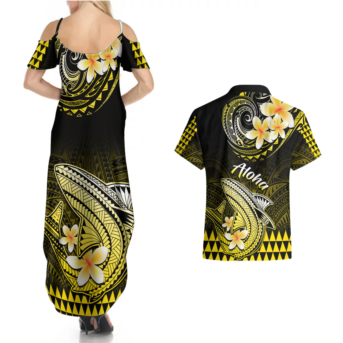 Hawaii Couples Matching Summer Maxi Dress and Hawaiian Shirt Polynesian Shark with Kakau Yellow Version LT01 - Polynesian Pride