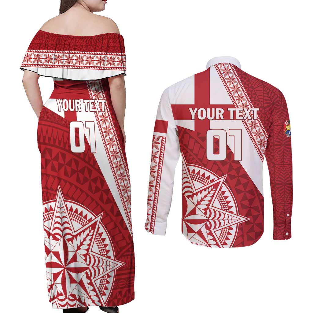Custom Tonga Rugby Mate Maa Couples Matching Off Shoulder Maxi Dress and Long Sleeve Button Shirt Ngatu Pattern