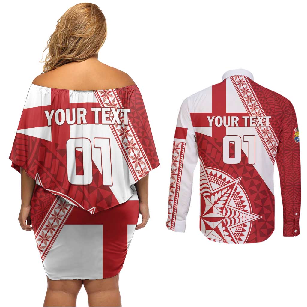 Custom Tonga Rugby Mate Maa Couples Matching Off Shoulder Short Dress and Long Sleeve Button Shirt Ngatu Pattern