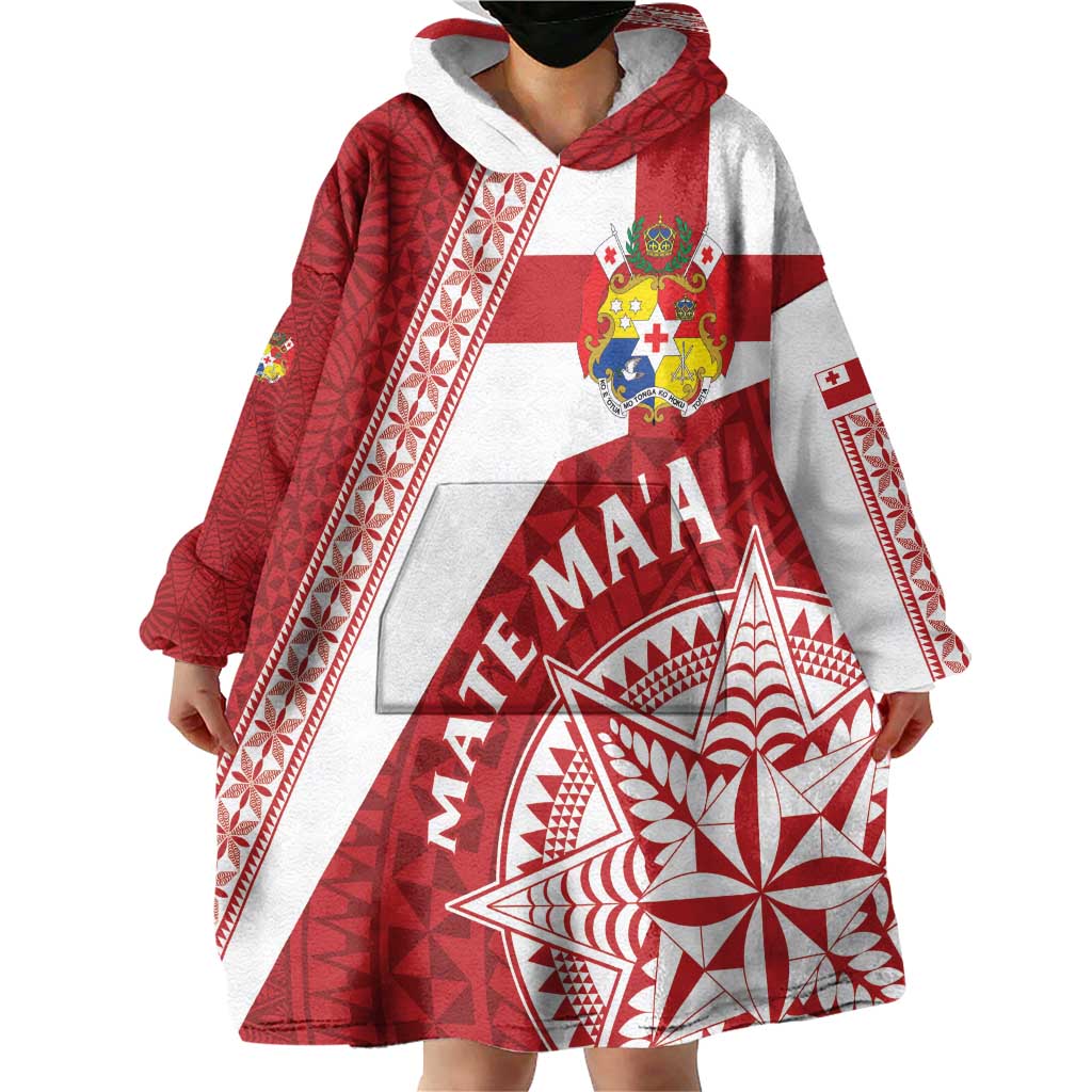 Custom Tonga Rugby Mate Maa Wearable Blanket Hoodie Ngatu Pattern