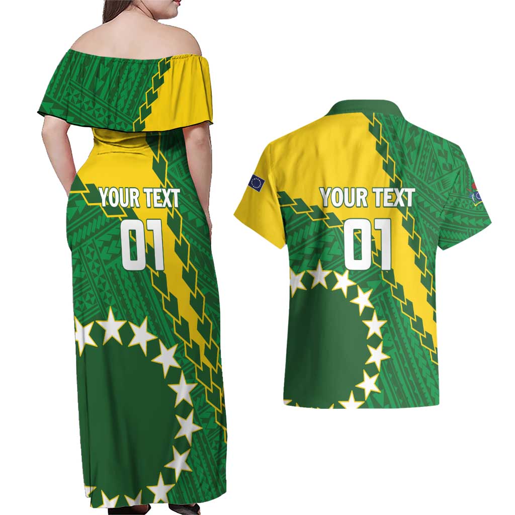 Custom Cook Islands Rugby Kukis Couples Matching Off Shoulder Maxi Dress and Hawaiian Shirt Circle Stars