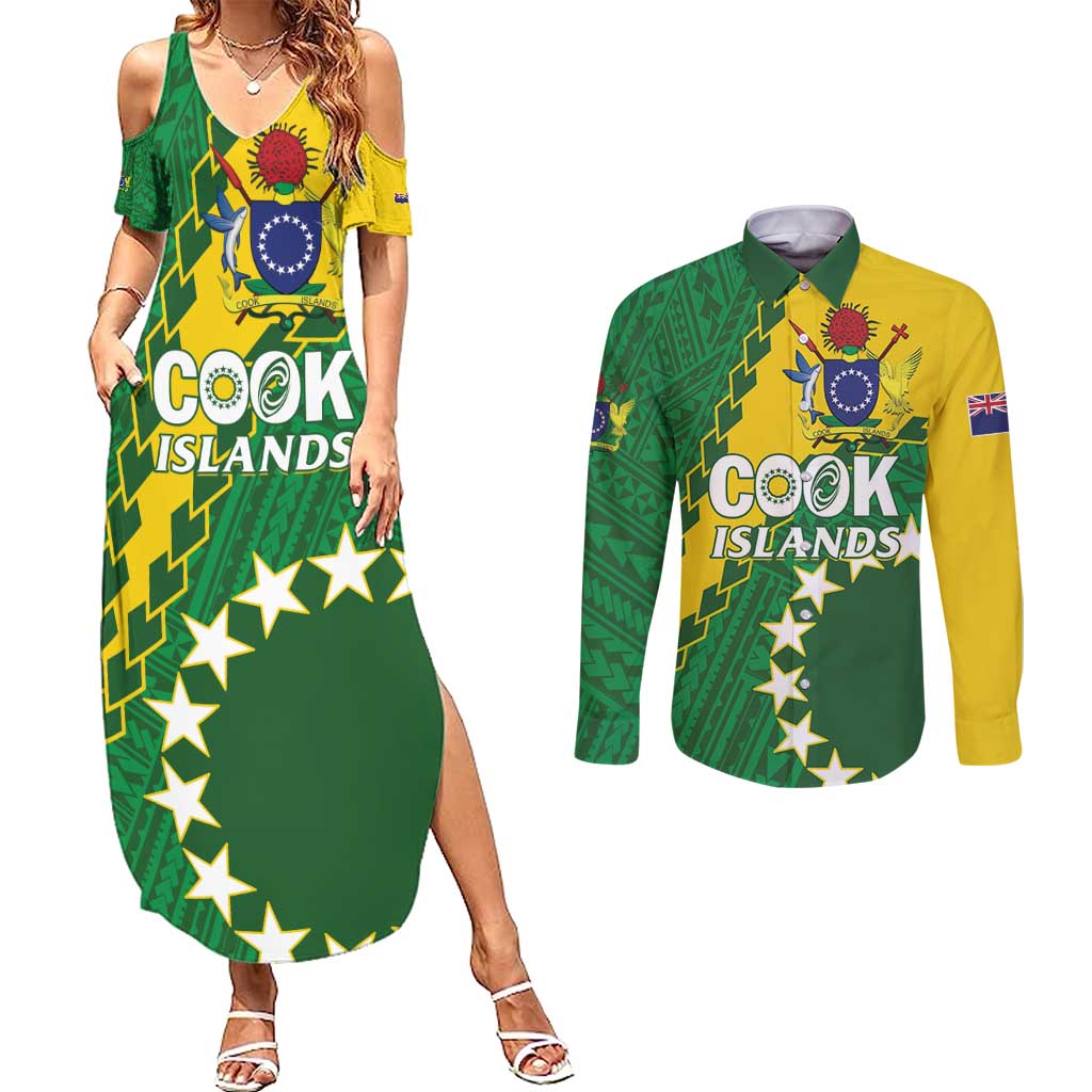 Custom Cook Islands Rugby Kukis Couples Matching Summer Maxi Dress and Long Sleeve Button Shirt Circle Stars