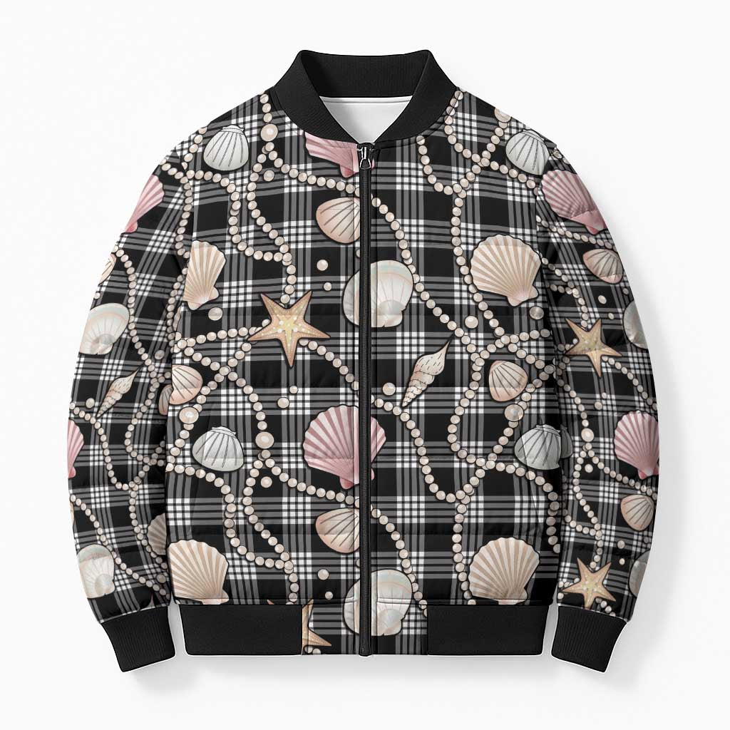 Hawaiian Ocean Seashells Bomber Puffer Jacket Black Palaka Pattern