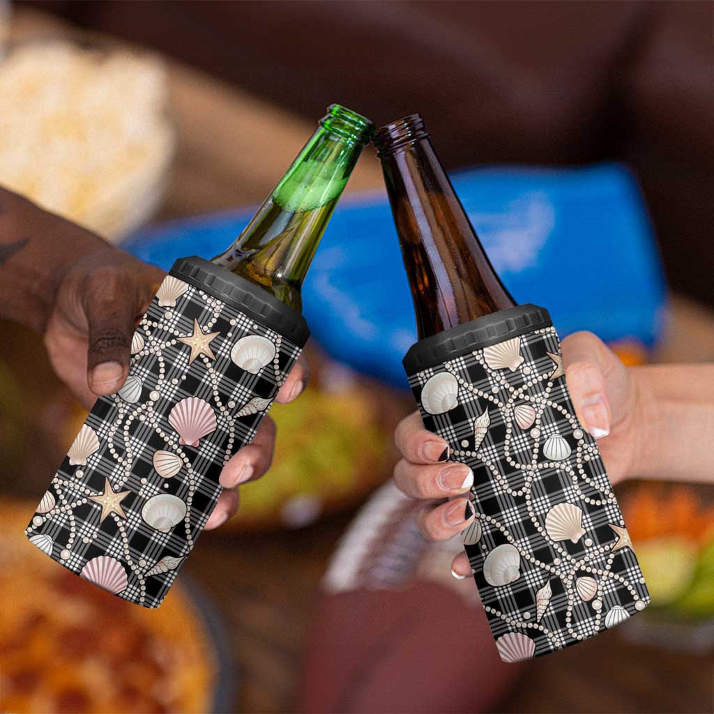 Hawaiian Ocean Seashells 4 in 1 Can Cooler Tumbler Black Palaka Pattern