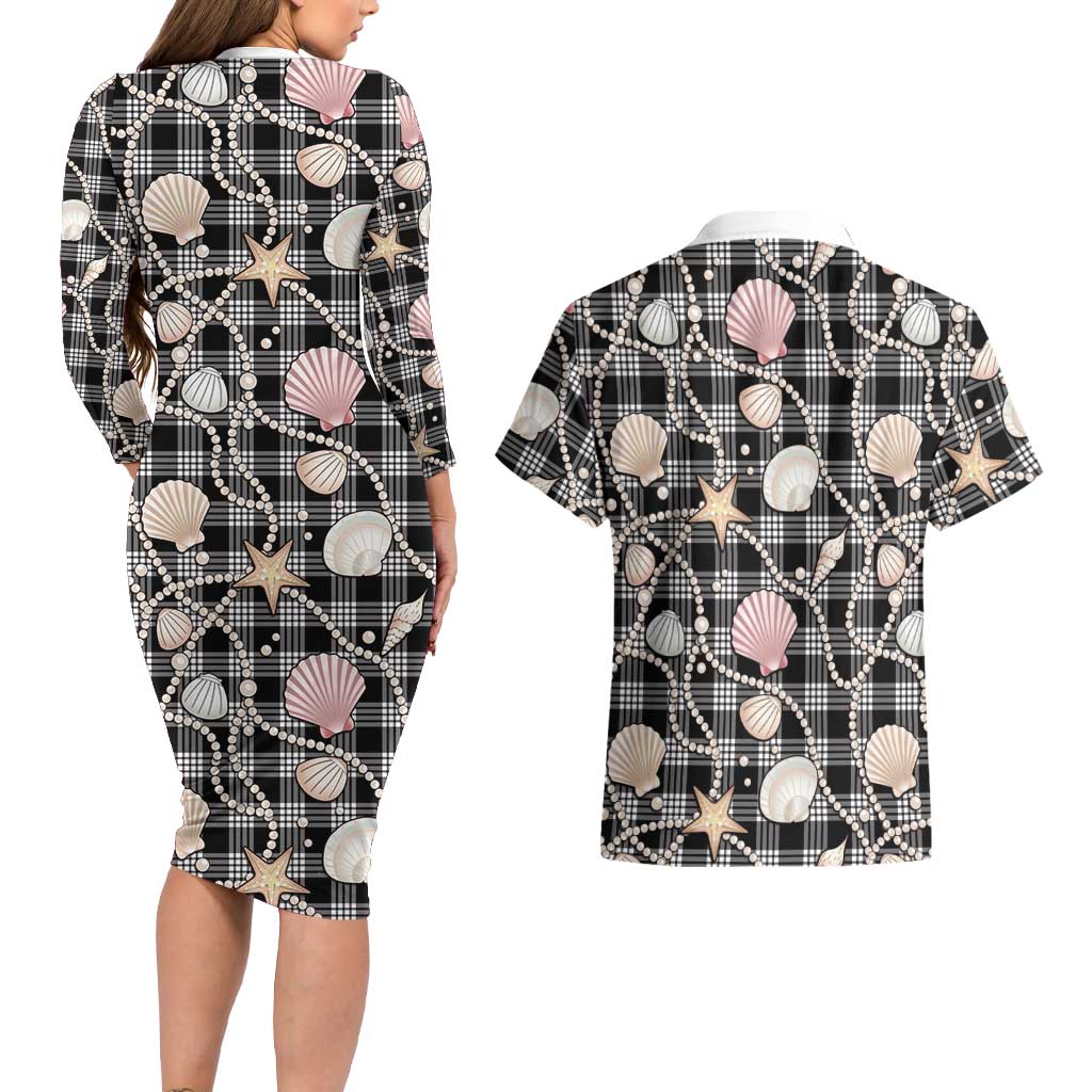 Hawaiian Ocean Seashells Couples Matching Long Sleeve Bodycon Dress and Hawaiian Shirt Black Palaka Pattern
