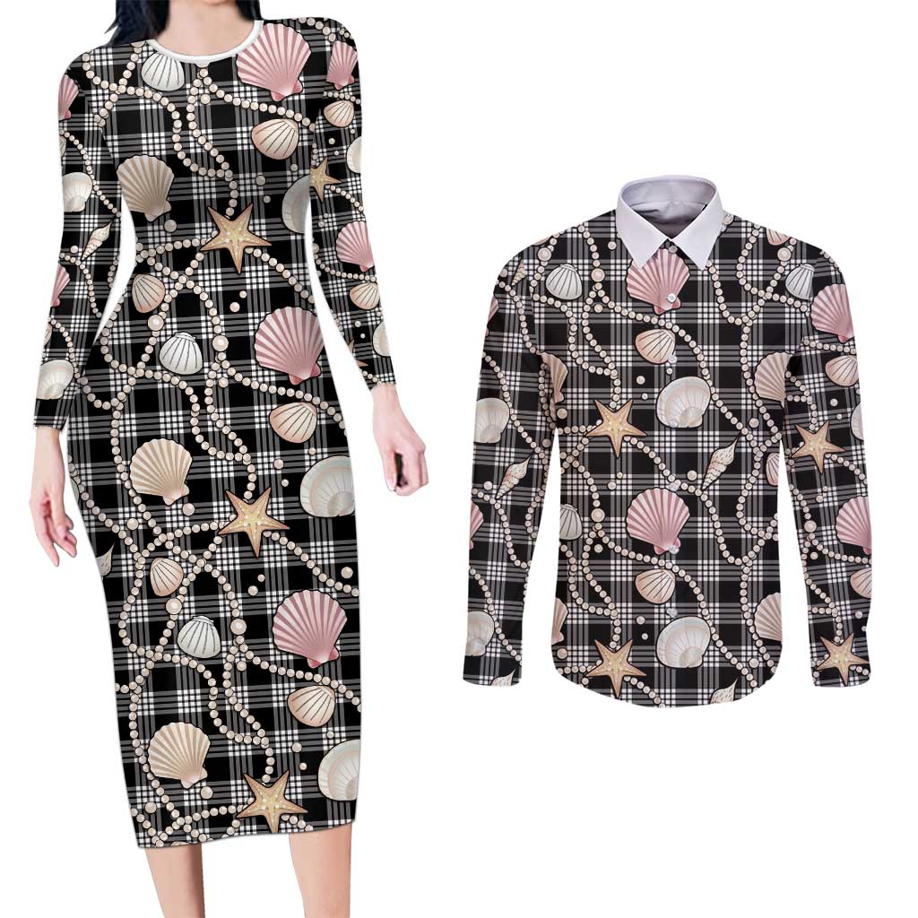 Hawaiian Ocean Seashells Couples Matching Long Sleeve Bodycon Dress and Long Sleeve Button Shirt Black Palaka Pattern
