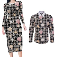 Hawaiian Ocean Seashells Couples Matching Long Sleeve Bodycon Dress and Long Sleeve Button Shirt Black Palaka Pattern