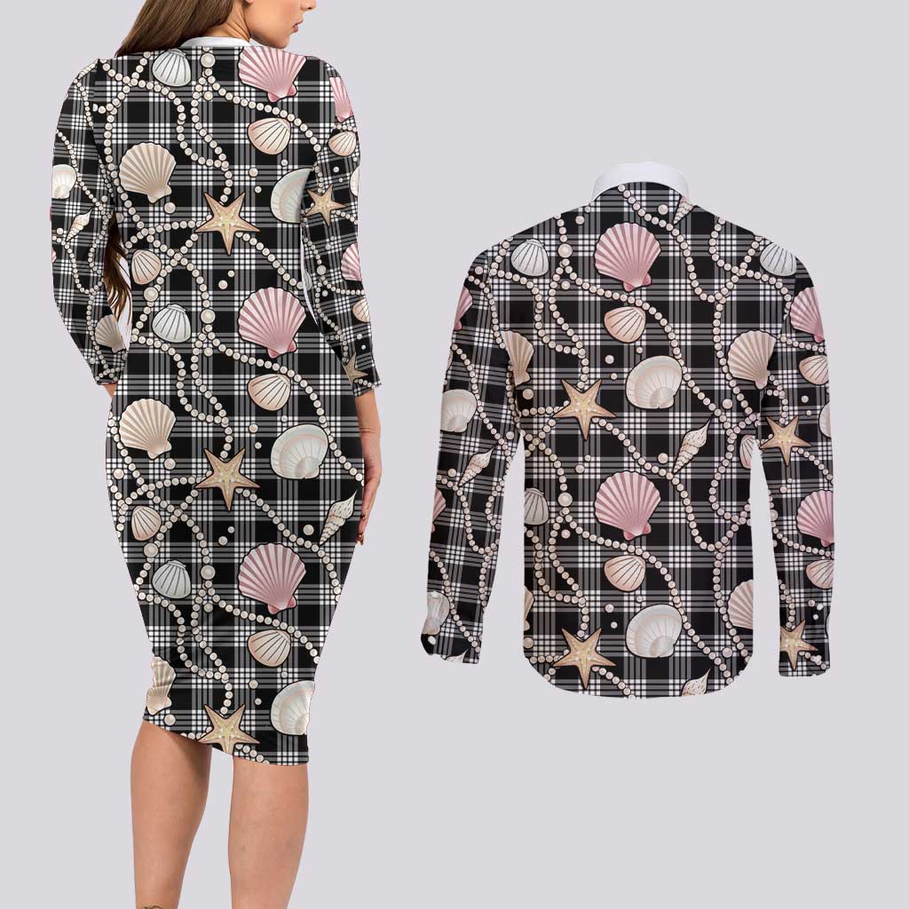 Hawaiian Ocean Seashells Couples Matching Long Sleeve Bodycon Dress and Long Sleeve Button Shirt Black Palaka Pattern