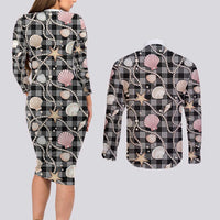Hawaiian Ocean Seashells Couples Matching Long Sleeve Bodycon Dress and Long Sleeve Button Shirt Black Palaka Pattern