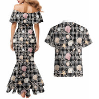 Hawaiian Ocean Seashells Couples Matching Mermaid Dress and Hawaiian Shirt Black Palaka Pattern LT01 - Polynesian Pride
