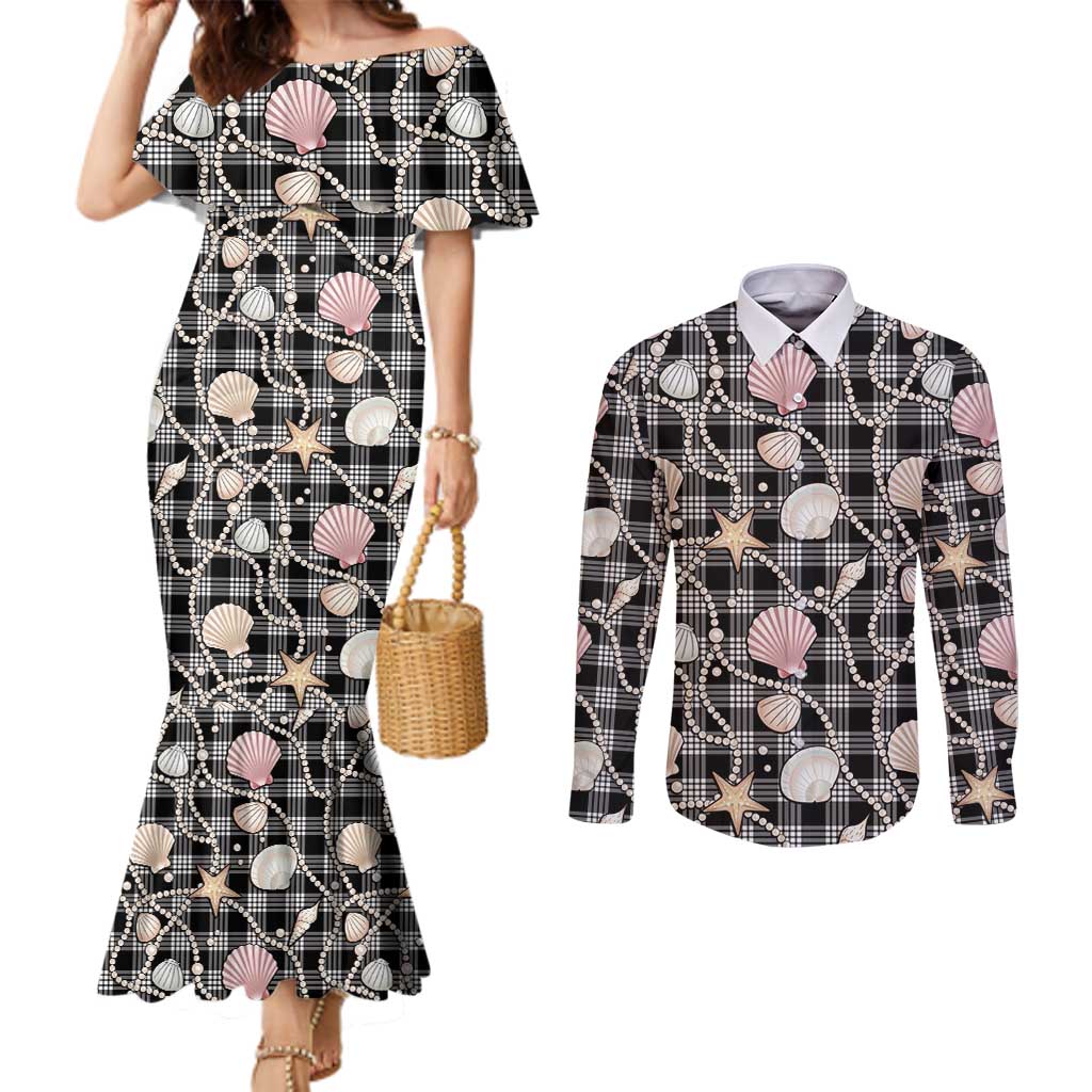 Hawaiian Ocean Seashells Couples Matching Mermaid Dress and Long Sleeve Button Shirt Black Palaka Pattern LT01 Black - Polynesian Pride