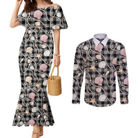 Hawaiian Ocean Seashells Couples Matching Mermaid Dress and Long Sleeve Button Shirt Black Palaka Pattern LT01 Black - Polynesian Pride