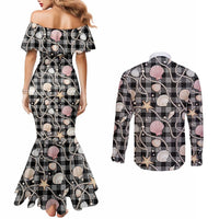 Hawaiian Ocean Seashells Couples Matching Mermaid Dress and Long Sleeve Button Shirt Black Palaka Pattern LT01 - Polynesian Pride