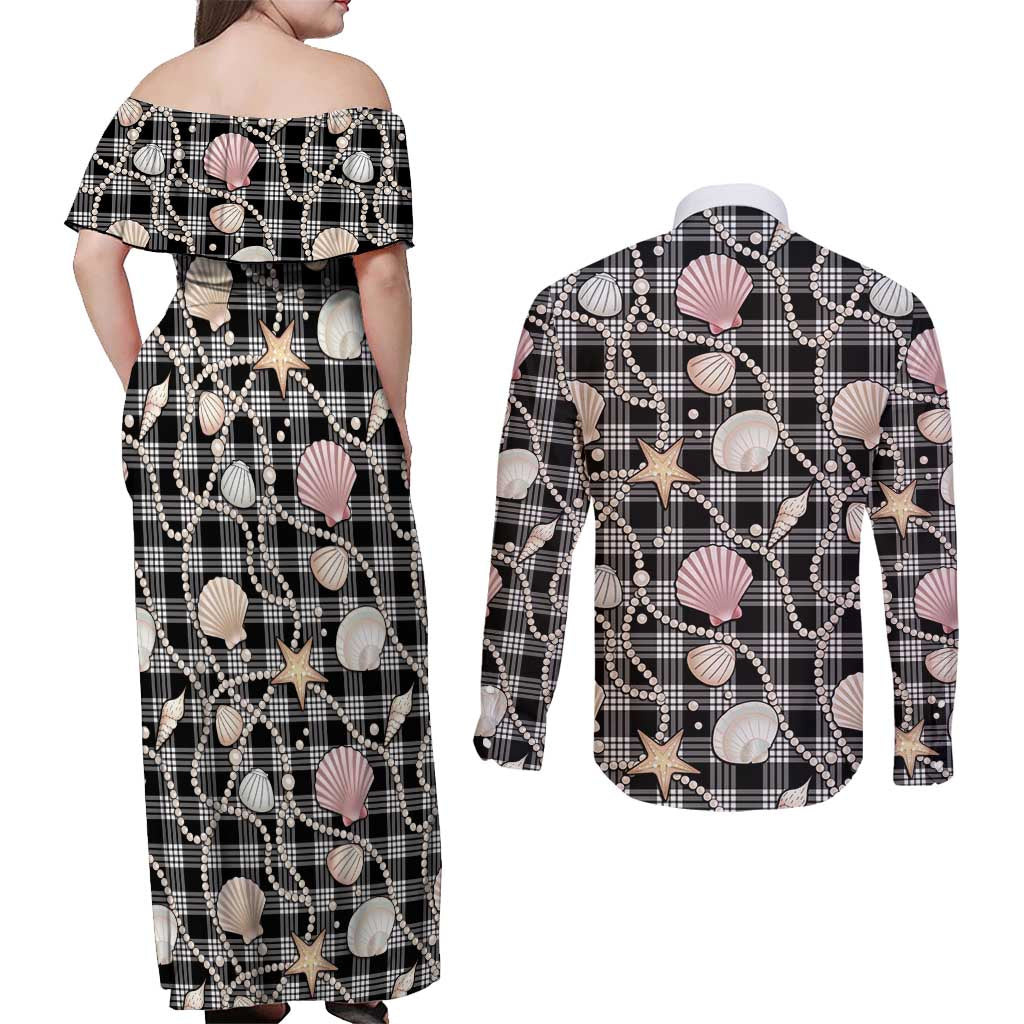 Hawaiian Ocean Seashells Couples Matching Off Shoulder Maxi Dress and Long Sleeve Button Shirt Black Palaka Pattern LT01 - Polynesian Pride