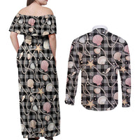 Hawaiian Ocean Seashells Couples Matching Off Shoulder Maxi Dress and Long Sleeve Button Shirt Black Palaka Pattern LT01 - Polynesian Pride
