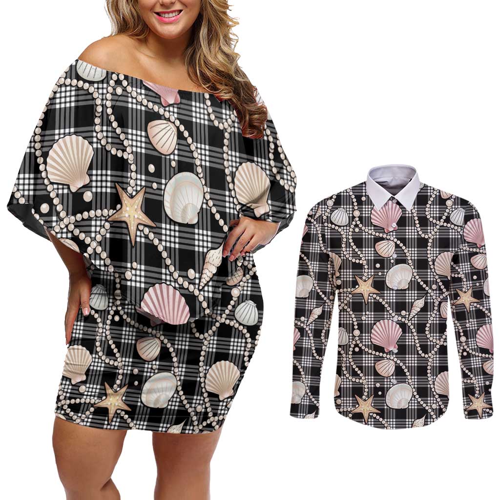 Hawaiian Ocean Seashells Couples Matching Off Shoulder Short Dress and Long Sleeve Button Shirt Black Palaka Pattern