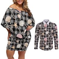 Hawaiian Ocean Seashells Couples Matching Off Shoulder Short Dress and Long Sleeve Button Shirt Black Palaka Pattern