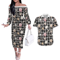 Hawaiian Ocean Seashells Couples Matching Off The Shoulder Long Sleeve Dress and Hawaiian Shirt Black Palaka Pattern LT01 Black - Polynesian Pride