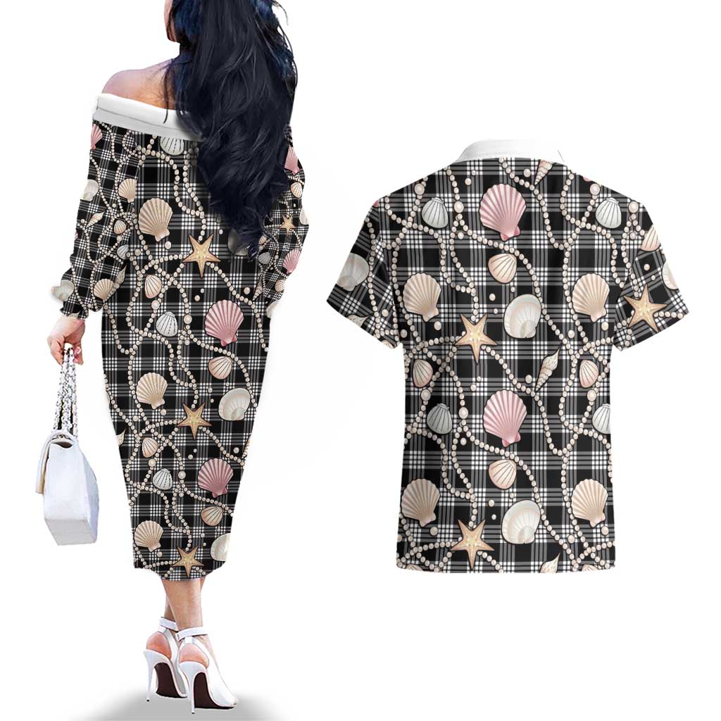 Hawaiian Ocean Seashells Couples Matching Off The Shoulder Long Sleeve Dress and Hawaiian Shirt Black Palaka Pattern LT01 - Polynesian Pride