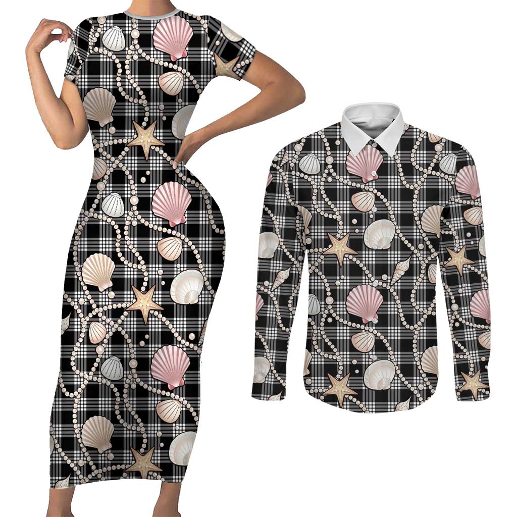 Hawaiian Ocean Seashells Couples Matching Short Sleeve Bodycon Dress and Long Sleeve Button Shirt Black Palaka Pattern