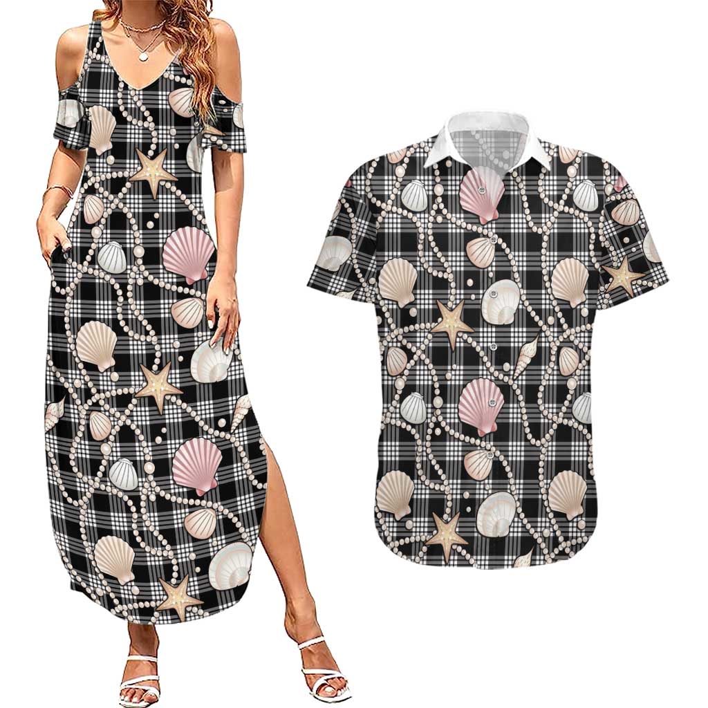 Hawaiian Ocean Seashells Couples Matching Summer Maxi Dress and Hawaiian Shirt Black Palaka Pattern