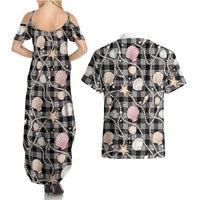 Hawaiian Ocean Seashells Couples Matching Summer Maxi Dress and Hawaiian Shirt Black Palaka Pattern