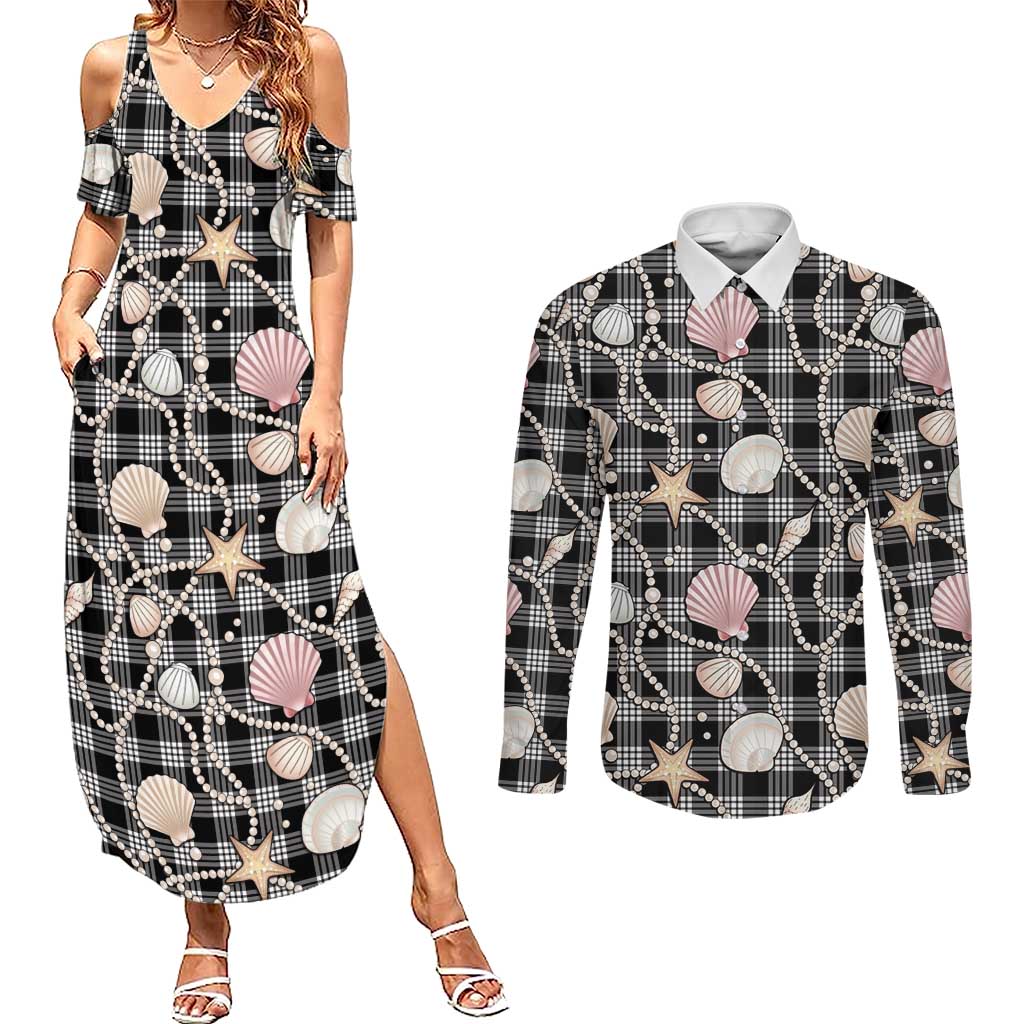Hawaiian Ocean Seashells Couples Matching Summer Maxi Dress and Long Sleeve Button Shirt Black Palaka Pattern