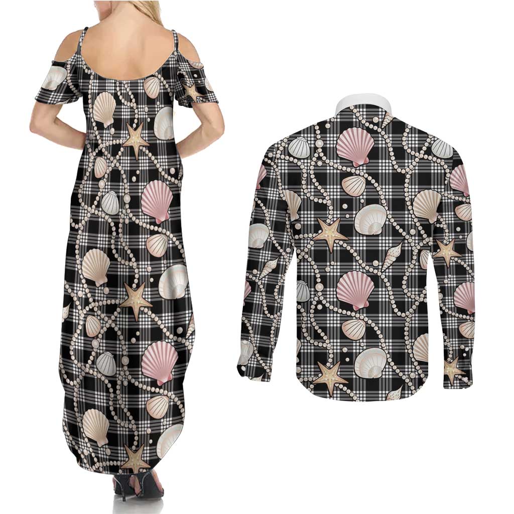 Hawaiian Ocean Seashells Couples Matching Summer Maxi Dress and Long Sleeve Button Shirt Black Palaka Pattern