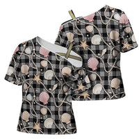 Hawaiian Ocean Seashells Cross Shoulder Shirt Black Palaka Pattern