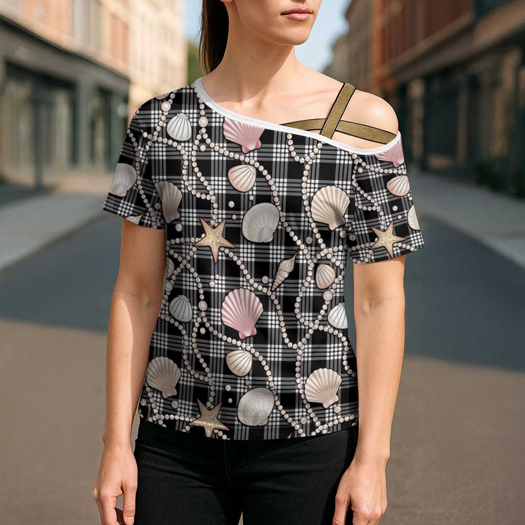 Hawaiian Ocean Seashells Cross Shoulder Shirt Black Palaka Pattern
