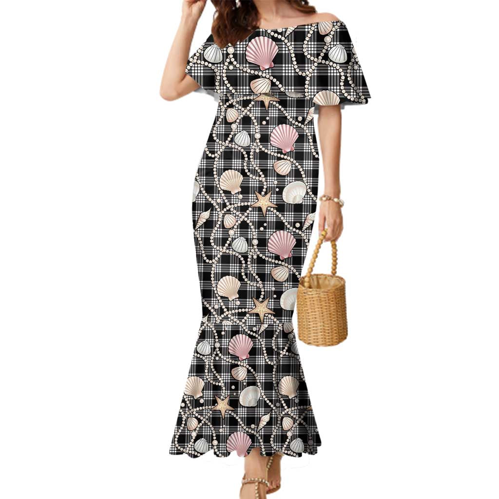 Hawaiian Ocean Seashells Family Matching Mermaid Dress and Hawaiian Shirt Black Palaka Pattern