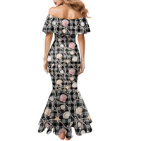 Hawaiian Ocean Seashells Family Matching Mermaid Dress and Hawaiian Shirt Black Palaka Pattern