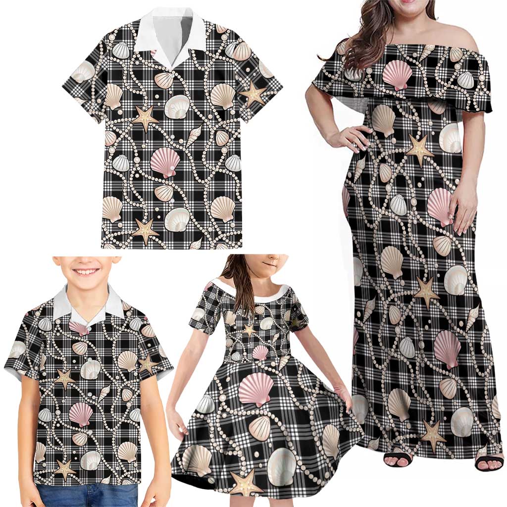 Hawaiian Ocean Seashells Family Matching Off Shoulder Maxi Dress and Hawaiian Shirt Black Palaka Pattern LT01 - Polynesian Pride