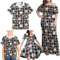 Hawaiian Ocean Seashells Family Matching Off Shoulder Maxi Dress and Hawaiian Shirt Black Palaka Pattern LT01 - Polynesian Pride