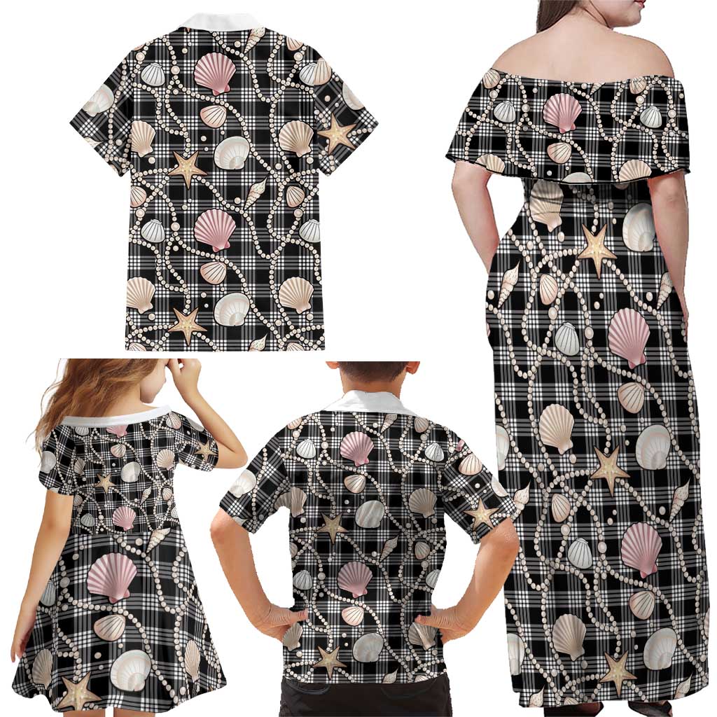 Hawaiian Ocean Seashells Family Matching Off Shoulder Maxi Dress and Hawaiian Shirt Black Palaka Pattern LT01 - Polynesian Pride