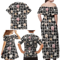 Hawaiian Ocean Seashells Family Matching Off Shoulder Maxi Dress and Hawaiian Shirt Black Palaka Pattern LT01 - Polynesian Pride