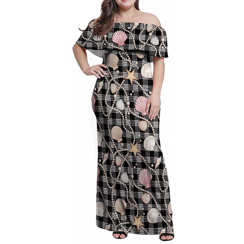 Hawaiian Ocean Seashells Family Matching Off Shoulder Maxi Dress and Hawaiian Shirt Black Palaka Pattern LT01 Mom's Dress Black - Polynesian Pride